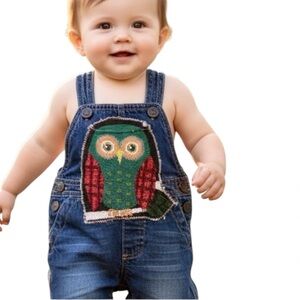 OshKosh B'gosh Blue‎ Denim Overalls Hand Crafted Appliqué Owl on Bib Newborn